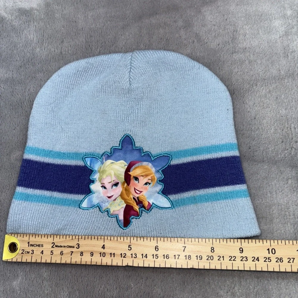 Disney Frozen Girls Youth Blue Stripes Anna & Elsa Beanie, Pom-Pom Hat Sz 8